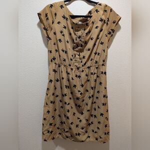 Women's Sleek Tan Dress with Black Bird Print (L)